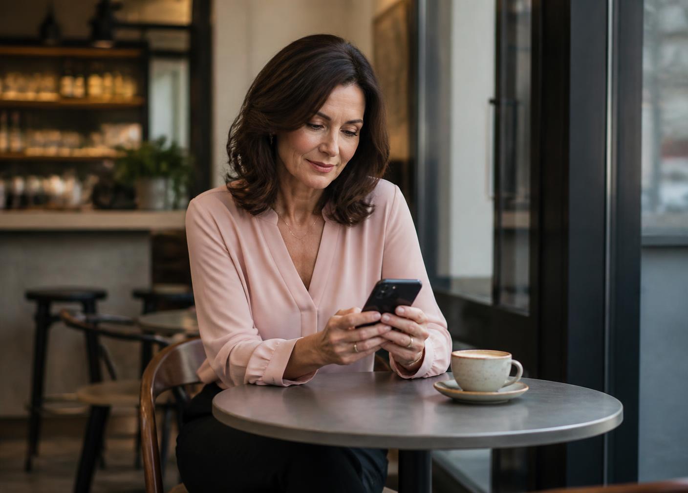 Brunette woman looking at her phone at a café table with a cup of coffee