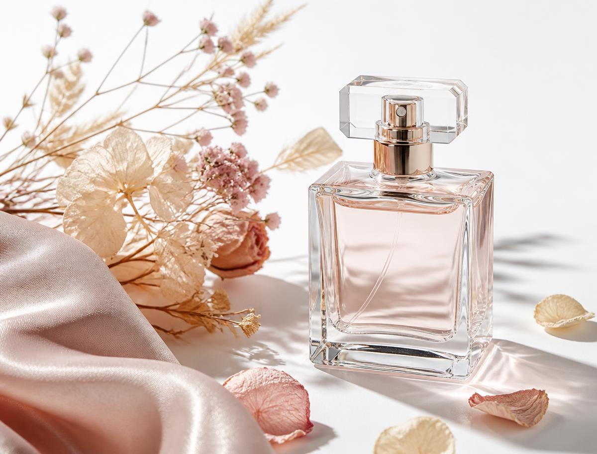 A fragrance bottle on a plain studio backdrop