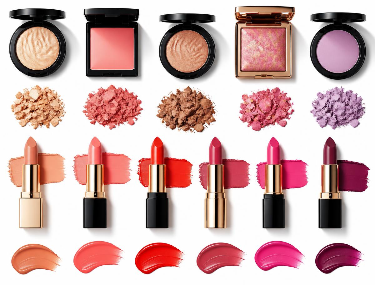 Makeup products and swatches on a neutral surface